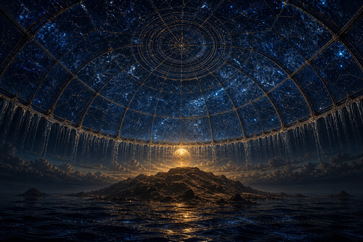 A first mound rising from dark water under a crystalline sky-vault