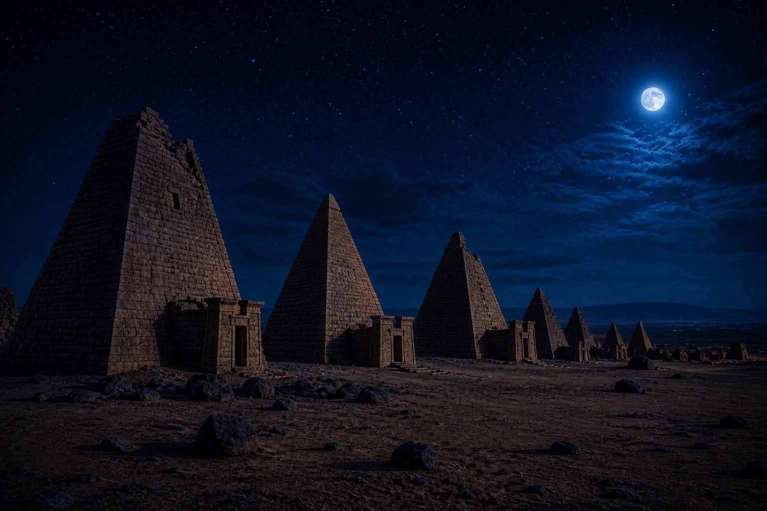 The steep pyramids of Meroe in Nubia under moonlight